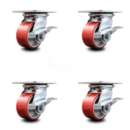 Service Caster 4 Inch Red Poly on Cast Iron Caster Set with Roller Bearing and Brake SCC SCC-35S420-PUR-RS-SLB-4